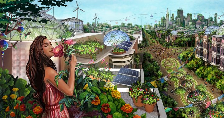 Person with long brown hair in a pink dress smelling flowers in a rooftop vegetable garden overlooking a luscious green city scape with windmills and skyrail