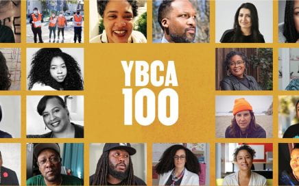 [Image Descriptions: Images of YBCA 100 honorees' headshots, business logos, and group photos on a yellow-orange background. Each photo and logo is in a small square in a tiled layout. The image has the white YBCA 100 logo in the center.]