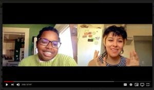 Aitanna Parker, left (Stevenson, technology and information management and critical race and ethnic studies, '20) and Kathia Damia (College 10, literature, '21) interviewing each other on Zoom for The Empty Year project.